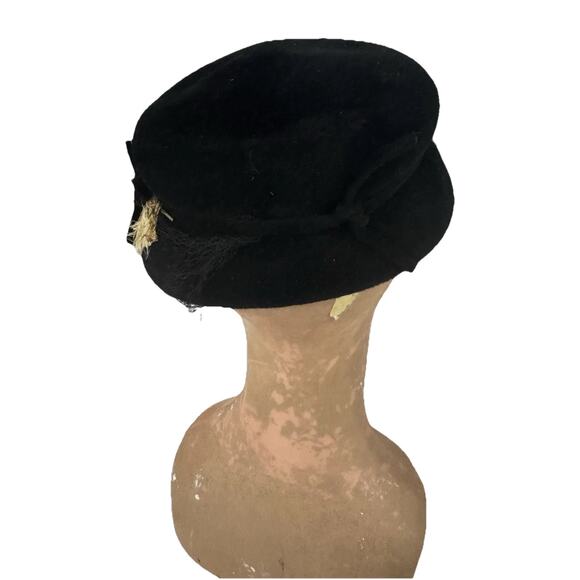 Vintage Black Velour Feather Hat Veil Netting Phipps Peachbloom Retro 1950 1960 - Picture 2 of 8